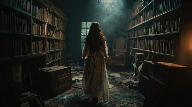 The haunting  ghost fills the dimly lit study, her ghostly visage barely visible beneath the layers of dust.  - Powered by Adobe