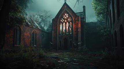 Fototapeta premium A Gothic Victorian church stands in eerie silence, its cracked stained glass windows casting fragmented patterns of light on the dusty floor of the abandoned building, surrounded by shadows and decay.