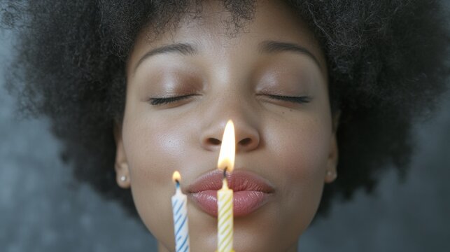 Office Birthday Celebration Plus-size African American Woman Blowing Out Candles, Studio Portrait, Joyful Expression