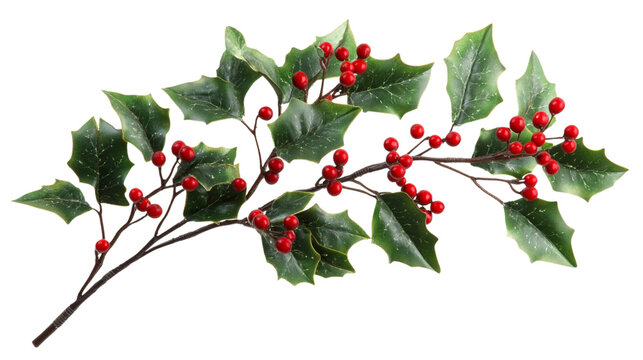Holly branch with vibrant red berries and green leaves, perfect for festive decorations and holiday themes. This beautiful arrangement adds touch of nature to any setting
