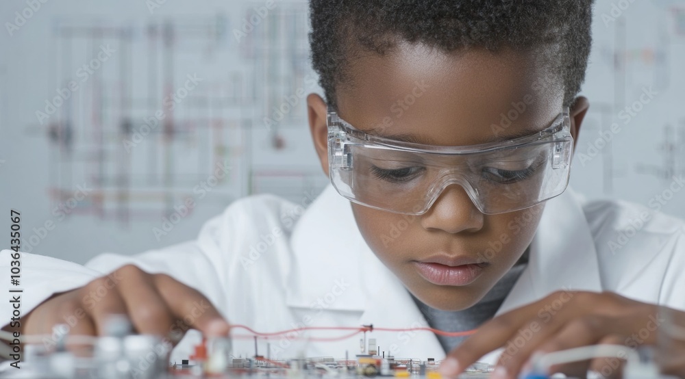 Poster focused african american boy in lab coat building robot in bright robotics lab