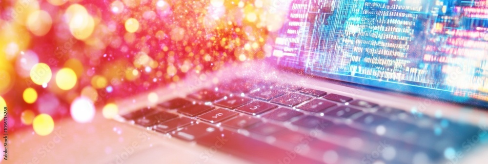 Aufkleber futuristic laptop keyboard with holographic data projections and vibrant colors