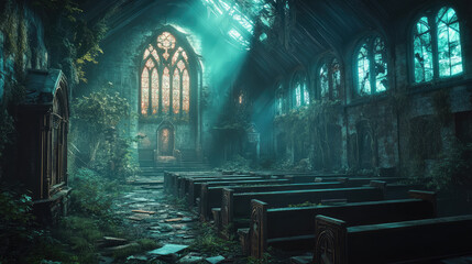 Moonlight casts eerie shadows on the crumbling stone walls of the abandoned Victorian church, where a cold wind sweeps through the shattered stained glass.