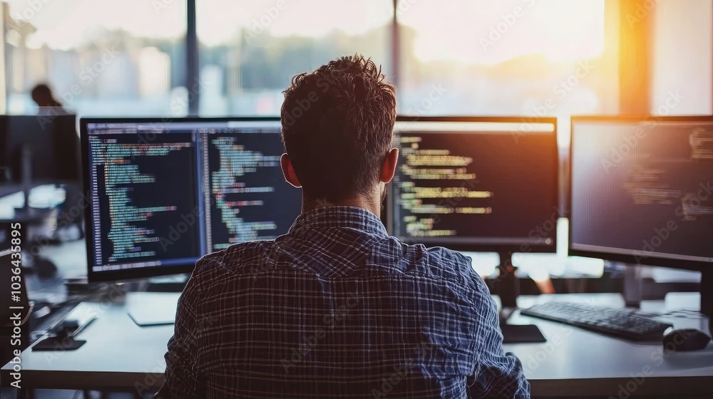 Poster Software engineer reviewing code and debugging issues in a bright workspace. 