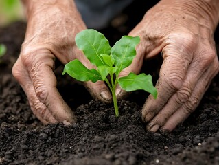 A close-up of young lettuce plants growing on a wet tarp in a garden, covered in morning dew droplets.
