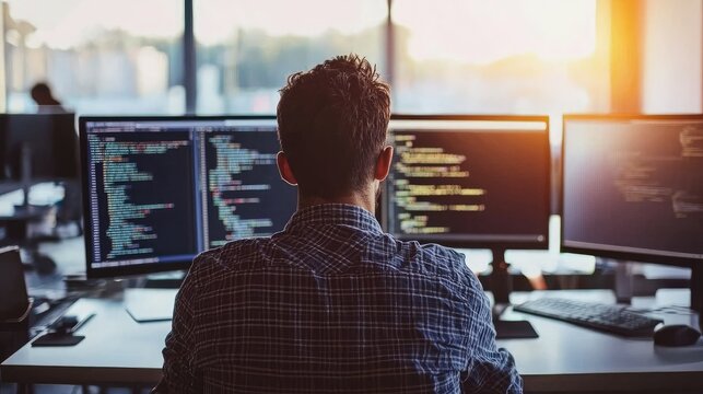 Software engineer reviewing code and debugging issues in a bright workspace. 