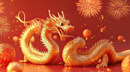 Obraz premium Golden Chinese Dragon with Fireworks and Red Background