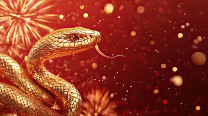 Obraz premium Golden Snake with Fireworks and Confetti on Red Background