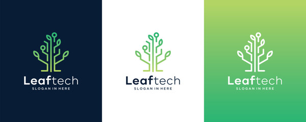 Farming technology logo design, Innovative digital technology concept business icon. line art, plant, leaf, Vector template