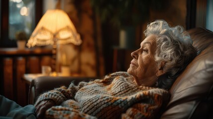 Obraz premium Elderly person with cramping joints, burnout from life, sitting in empty living room, soft lamp light, side angle, sense of void