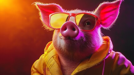 Creative Animal Concept: Fashionable Pig with sunglasses in Vibrant Bright Colors background