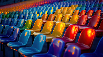 Fototapeta premium Rows of empty plastic chairs bathed in the soft glow of evening light, the stadium quiet and deserted. The colorful seats wait in silence for the excitement of the next crowd.