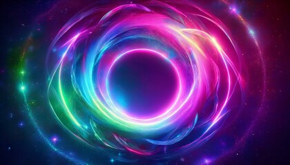 radiant swirling circle on a glowing neon grainy background in pink, blue, purple, and green, perfect for vibrant banner and poster designs.