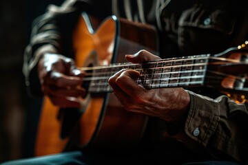 Obraz premium Musician with throbbing hand, straining to play, yearning for expression, sitting on empty stage, spotlight, dramatic shadows