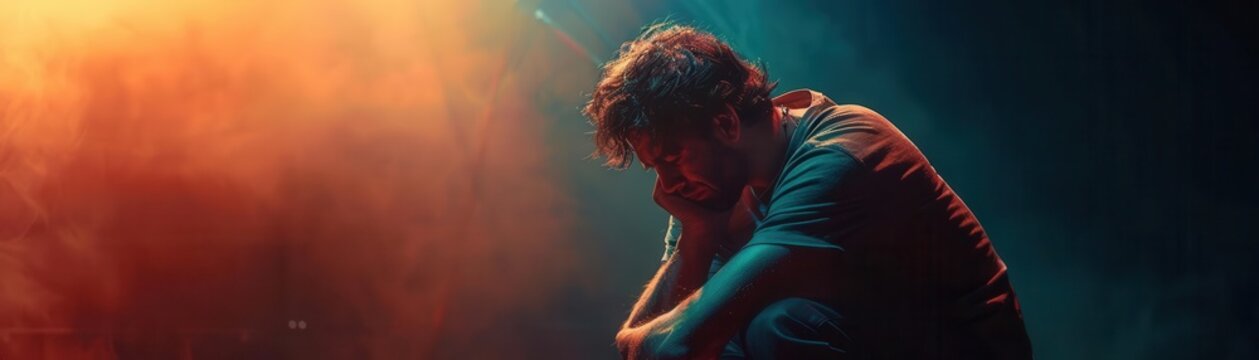 Musician with sore fingers, overwhelmed by loss, sitting on empty stage, clutching instrument, spotlight, dramatic shadows, tearful eyes