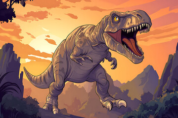 A vibrant illustration of a roaring T-Rex against a sunset backdrop.