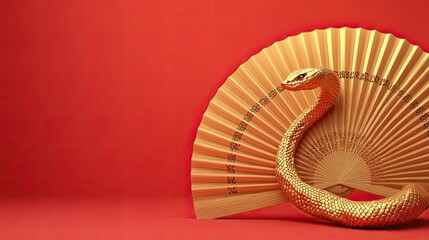 Golden Snake Wrapped Around a Chinese Fan