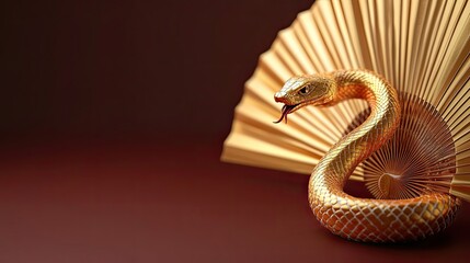 Fototapeta premium Golden Snake Coiled Around a Golden Fan
