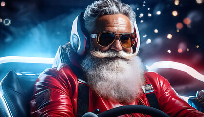 Santa riding a sleek, futuristic sleigh, wearing sunglasses and a snarky grin, with high-tech
