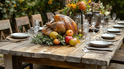 Thanksgiving Feast Displayed on a Wooden Table with a Golden Roasted Turkey and Autumn Fruits as the Focal Point, Set in a Natural, Outdoor Environment - Image made using Generative AI