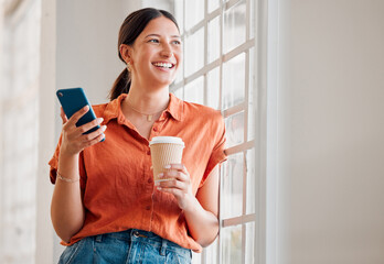 Office, coffee and businesswoman with smartphone for thinking, message and online on social media....