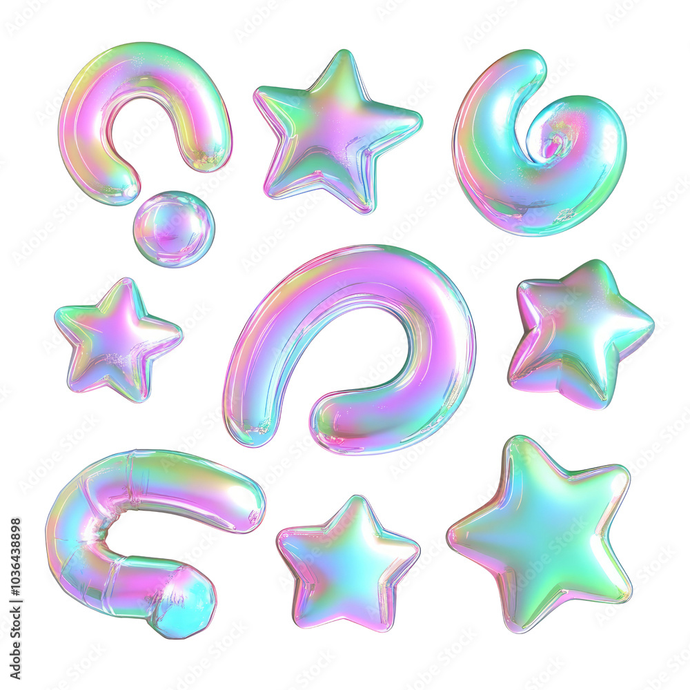 Poster set of abstract star circle gradient freeform shape form fluid holographic iridescent 3d render icon