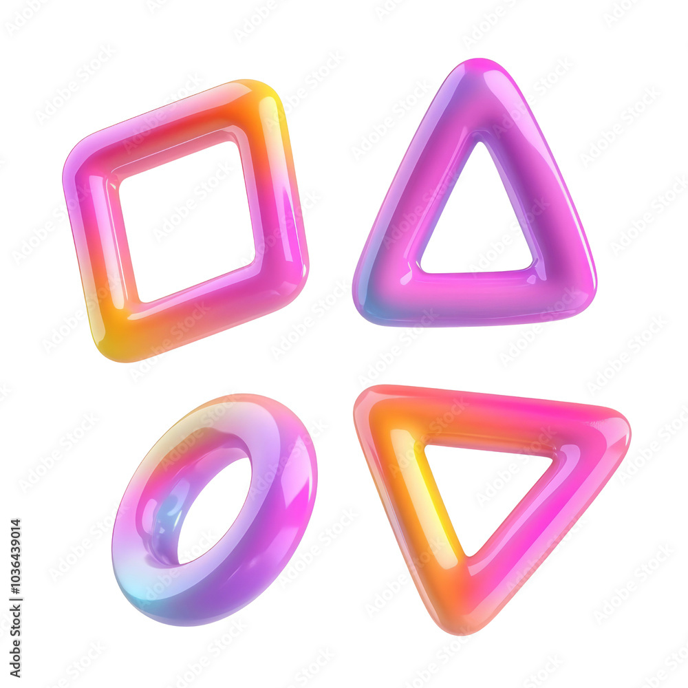 Poster set of abstract triangle square gradient freeform shape form fluid holographic iridescent 3d render 