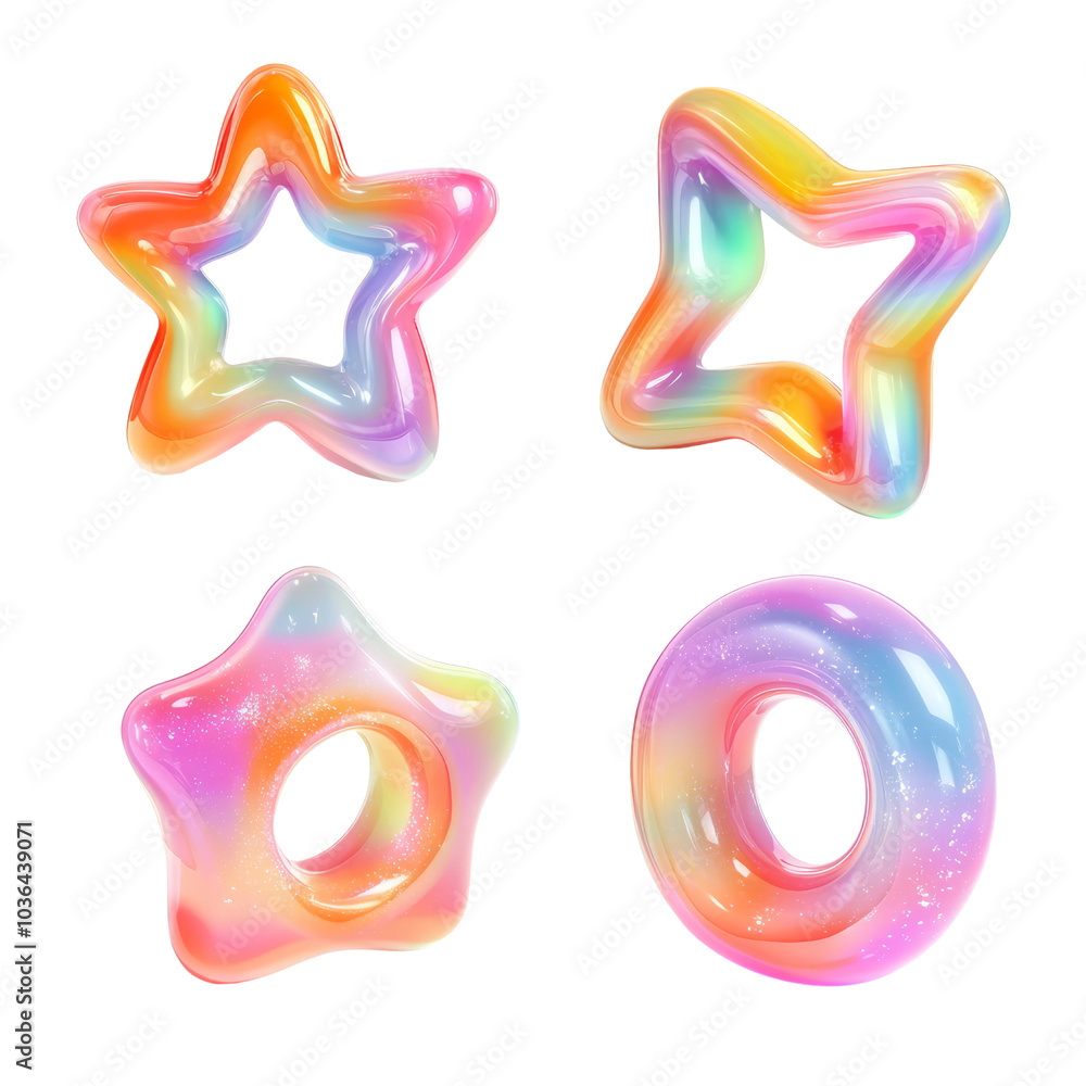 Poster set of abstract star circle gradient freeform shape form fluid holographic iridescent 3d render icon