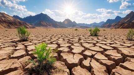 Arid landscapes turning to deserts from heatwaves and rising temperatures, showcasing global warming impact and desertification. Closeup shot.
