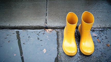 Two pairs of rubber rain boots side by side on a concrete sidewalk, with puddles scattered around, creating a playful, rainy day vibe.