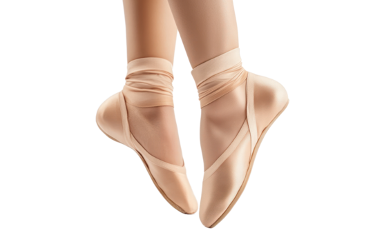 Women's feet in ballet shoes with pointe position on isolated on transparent and white background.PNG image,