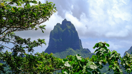 Rugged mountainous landscape of Three Pines hiking trail in forest of Moorea Island in French Polynesia, South Pacific