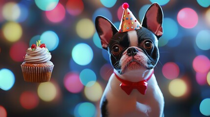 Cute Dog Celebrates Birthday with Cupcake on a Festive Background