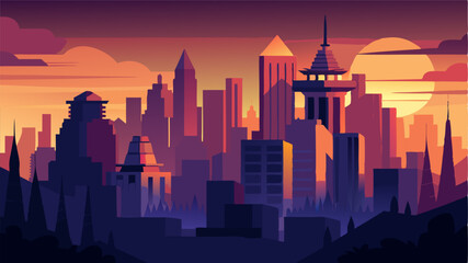 Naklejka premium With the citys buildings aglow in the fading light the skyline at dusk is a striking combination of manmade structures and natural beauty.