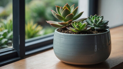 Obraz premium Succulent plant in a minimalist ceramic pot, set on a windowsill with a clear view of the garden outside.