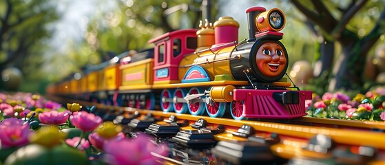 Whimsical journey of a colorful train through a blooming flower garden with a cheerful face capturing the joy of childhood adventures