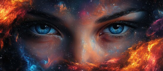 Naklejka premium A close up of a woman's eyes surrounded by a nebula of stars.