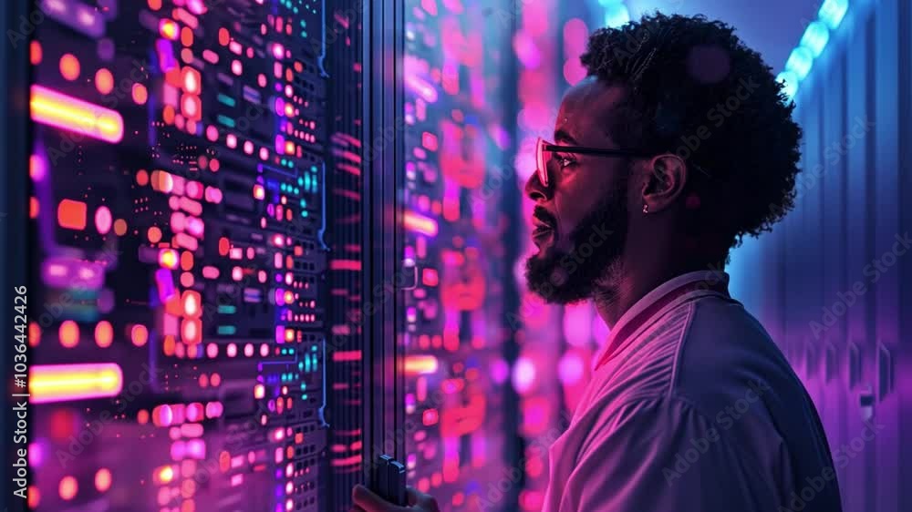 Poster A data analyst is focused on the glowing server racks filled with colorful lights in a contemporary data center. The setting showcases advanced technology and data processing.