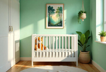  Simple, pink baby bedroom with cot and rug. 