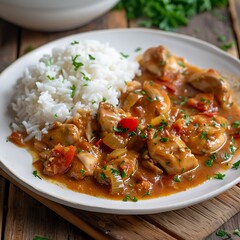 Chicken curry with rice and vegetables on wooden background.
