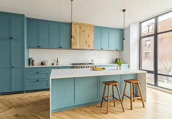 Obraz premium Modern Kitchen with Teal Cabinets and Light Aesthetics