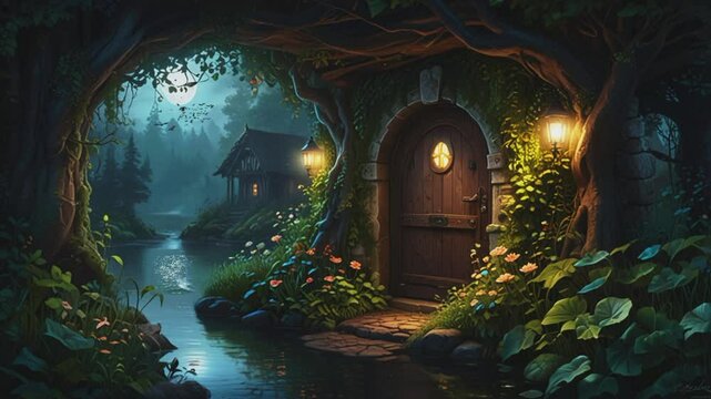 Tree house in the heart of the forest, seamless 4K looping virtual video animation background