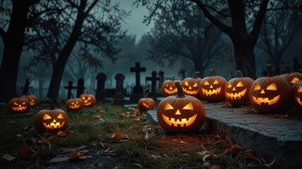 A row of jack-o-lanterns with glowing faces sit on the steps of a cemetery at night.  The cemetery is shrouded in mist and the air is filled with a spooky atmosphere.