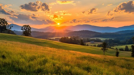 Obraz premium Breathtaking Sunset Over Serene Rural Countryside Landscape with Mountainous Horizon