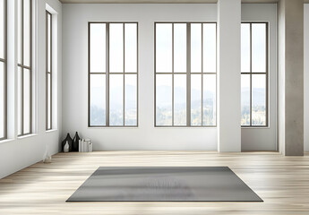 Fototapeta premium Minimalist Yoga Studio with Large Windows and Wooden Floor