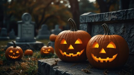 Obraz premium A row of lit jack-o'-lanterns sit on a grave in a cemetery, surrounded by other pumpkins.