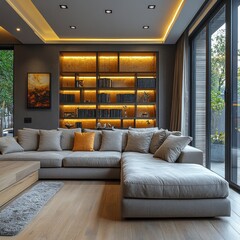 Modern Living Room with Grey Sectional Sofa and Bookshelf