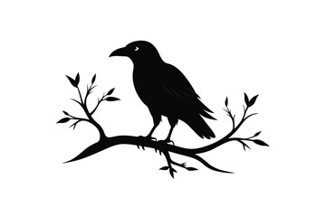 A striking vector illustration of a raven bird silhouette perched on a tree branch, perfect for spooky designs, Halloween projects, or nature-themed artworks with a gothic twist.