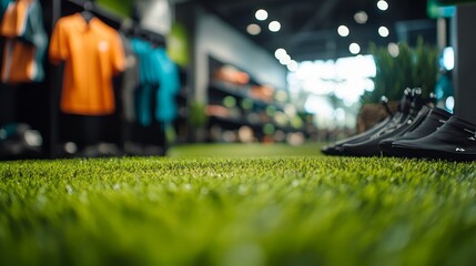 Obraz premium Green Grass Blurred Background with Sports Shoes, Blurred Background, Sportswear Store, Sports Shoes, Green Grass