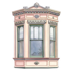 A Victorian bay window with decorative trim, historical architecture, watercolor style, soft pastel colors, isolated on white background  